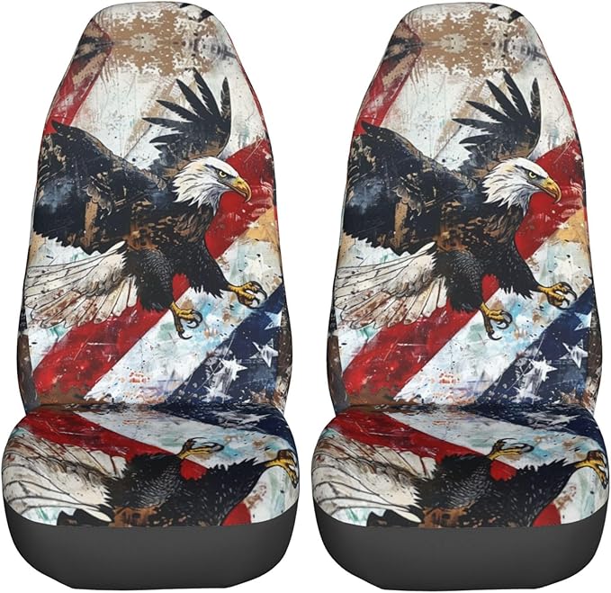 Delerain Car Seat Covers Set 2Pcs, Flying American Flag with Eagle Universal Front Car Seats Vehicle Enterior Protector Suitable Fits Most Car Auto SUV Sedan Truck