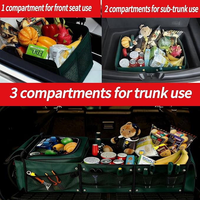 Car Trunk Organizer with Cooler Bag, Collapsible Multi-Compartment Car Organizer for SUV, Truck, Durable Car Storage Organizer for Groceries, Camping, Christmas Gifts (Green)