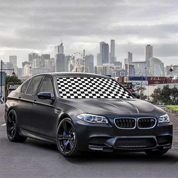 CHILL·TEK Funny Car Windshield Sun Shade Umbrella, Checkered Car Sun Shade Umbrella, Block UV Rays Heat Foldable Windshield Umbrella Sun Visor Protector - Keep Vehicle Cool for Cars SUV