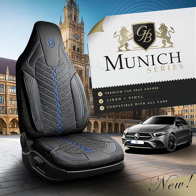 Premium Car Seat Covers Front Seat - Linen Car Seat Cover for SUV, Cars, Most Pickups, Black-Blue Stitching, Car Seat Protector, Car Seat Covers Front Seats, Car Seat Protector