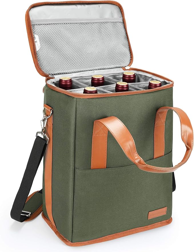 Tirrinia 6 Bottle Wine Gift carrier - Insulated & Padded Wine Carrying Cooler Tote Bag with Handle and Adjustable Shoulder Strap for Travel or Picnic, IDEAL Wine Lover Gift, Oliver