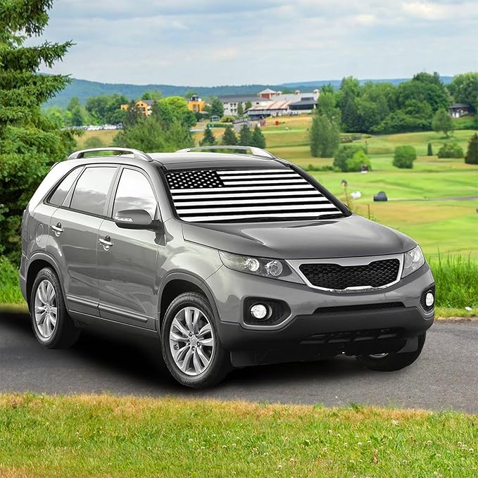CHILL�TEK US Flag Car Windshield Sun Shade Umbrella, American Foldable Umbrella Sunshade for Front Window UV Reflector Protection Auto Shades Cover black 1,57x31 In