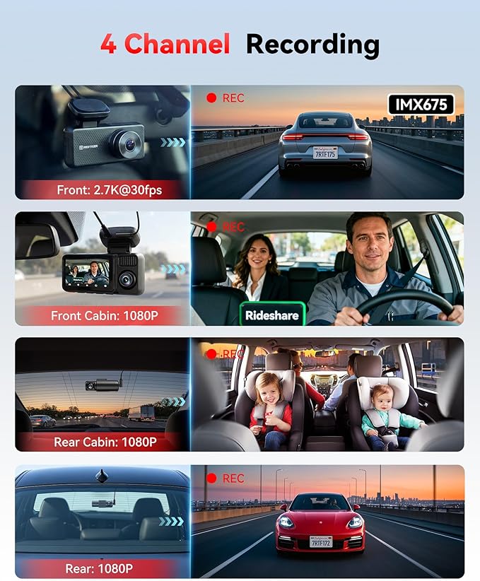REDTIGER F17 Plus 4 Channel Dash Cam,STARVIS 2 IMX675, 360° Inside & Outside Recording, 2.7K Front + 1080P Cabin & Rear, 5.8GHz WiFi GPS, Voice Control, Touchscreen, Parking Mode, Free 128GB Card, HDR