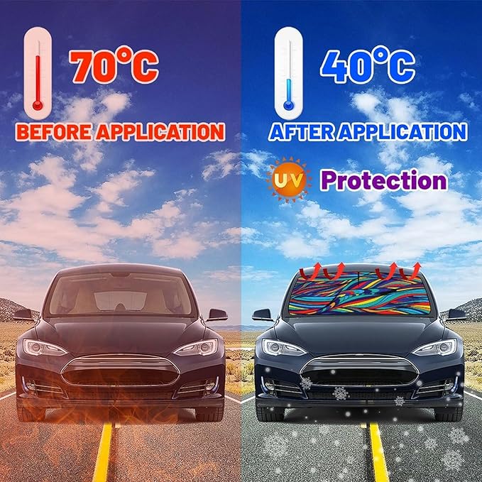 Neon Wave Print Car Sunshade Umbrella Colorful Neon Windshield Sun Shade for Car Retractable Umbrella Sunshades for Front Window Sun Shades Cover Visor Portector Block UV Ray