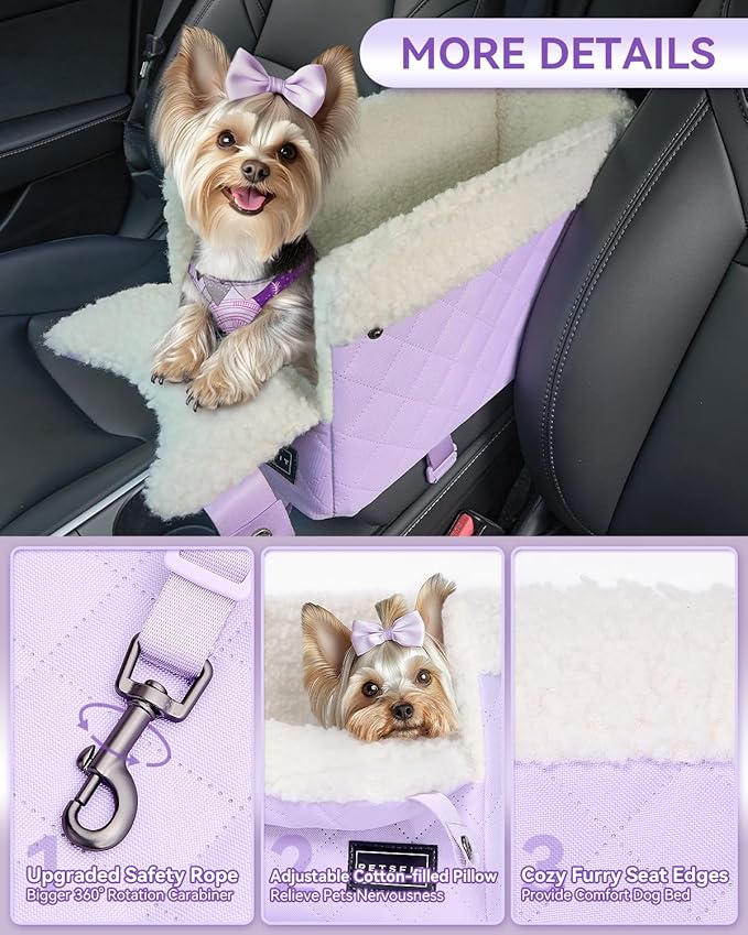 PETSFIT Cat Car Seat with Safe Protection Hooks, Center Console Dog Car Seat with Upgraded Safety Tethers, Washable Cushion, Dog Car Seats for Small Dogs Up to 8 Lbs (Purple)