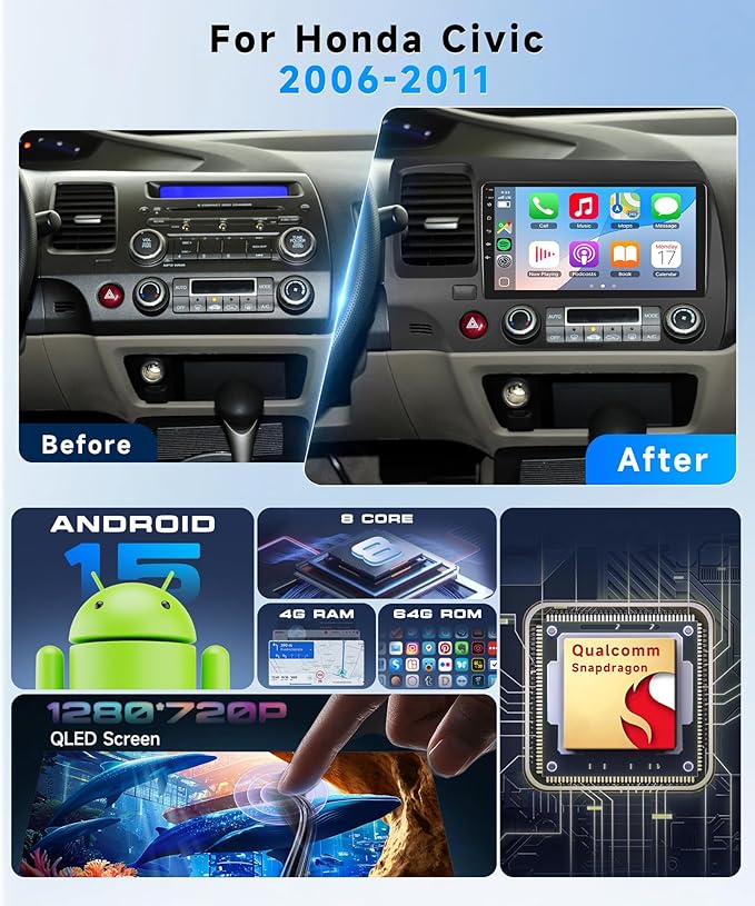 5G WiFi 8 Core 4G+64G Car Radio Stereo for Honda Civic 2006-2011, Upriding 9-inch 1280P QLED Touchscreen Radio with Wireless Carplay Android Auto DSP BT5.1 SWC GPS Cooling System Backup Camera