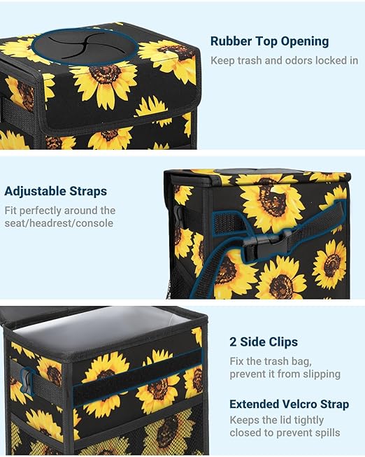 Capolo Car Trash Can with Lid, Leakproof Car Trash Bag Hanging Waterproof Automotive Garbage Can with Storage Pockets Mini Vehicle Trash Bin for Back/Front Seat(Sunflower,3 Gallon)