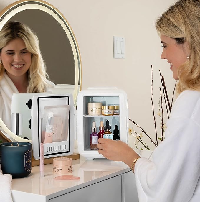 Cooluli Skincare Mini Fridge for Bedroom - Car, Office Desk & Dorm Room - Portable 4L/6 Can Electric Plug In Cooler & Warmer for Food, Drinks, Beauty & Makeup, 12v AC/DC & Exclusive USB, Cow Print