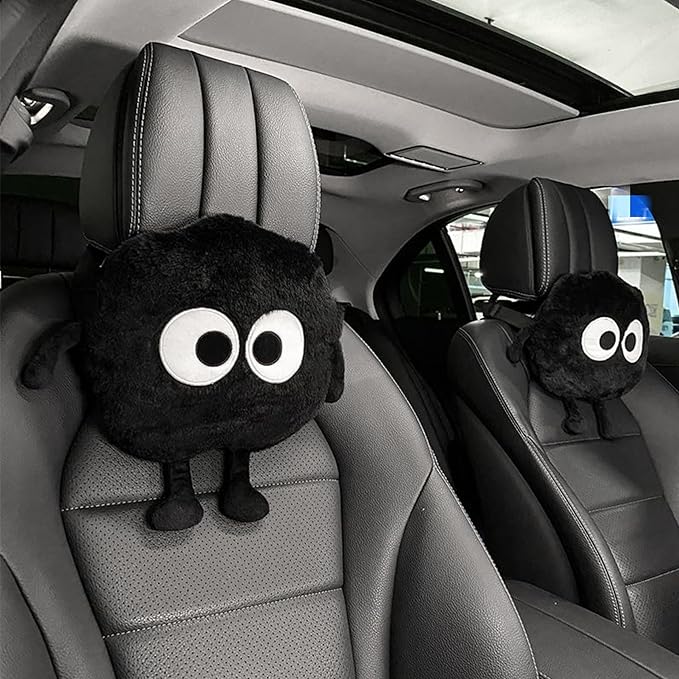 Car Headrest Pillow & Steering Wheel Cover Set with Cute Big-Eyed Furball Travel Neck Support Pillow Fur Car Interior Accessory (Black 5Pcs Set)