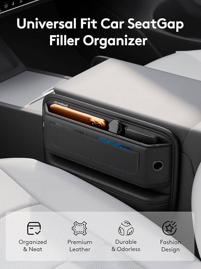Car Seat Gap Filler with Sun Visor Organizer, Leather Seat Gap Organizer for Phone, Cards, Keys and Sunglasses, Front Seat Storage for Most Cars, SUVs and Trucks