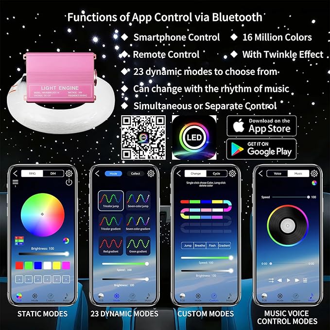 200 Piece Starlight Headliner Kit 16W RGBW Twinkle+ Music Effect + APP&Remote Control Dual Channel Control,0.03in/0.75mm*9.8ft/3m Fiber Optic Lights for Car Roof/Home Fiber Optic Star Ceiling