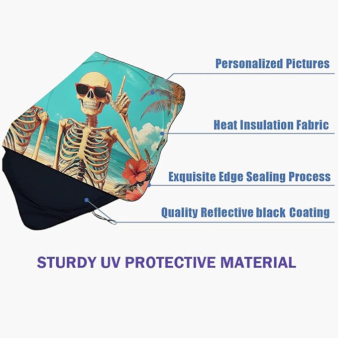 Funny Skull Beach Car Windshield Sun Shade Foldable Sunshade Front Window Cover Sun Visor Protector Accessories (59x27.5 inches)