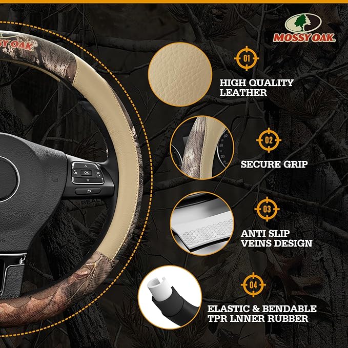 Mossy Oak Full Camo Steering Wheel Cover - Made from Premium Leather, Universal Fit for 14 1/2 to 15 inches - Official Licensed Product - Beige Color