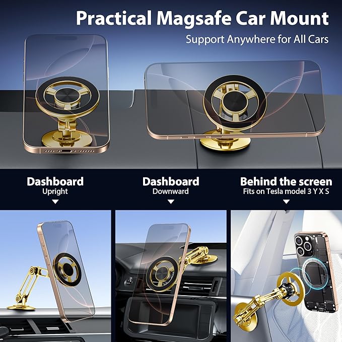 Ultra Magnetic Long-Arm Phone Holder Stand, Fits for MagSafe Car Mount Bracket【Windshield+Vent+Dash】, 360° Rotation Adjustable Strong Magnets Car Mount Desk Office Phone Cradle Holder, Gold