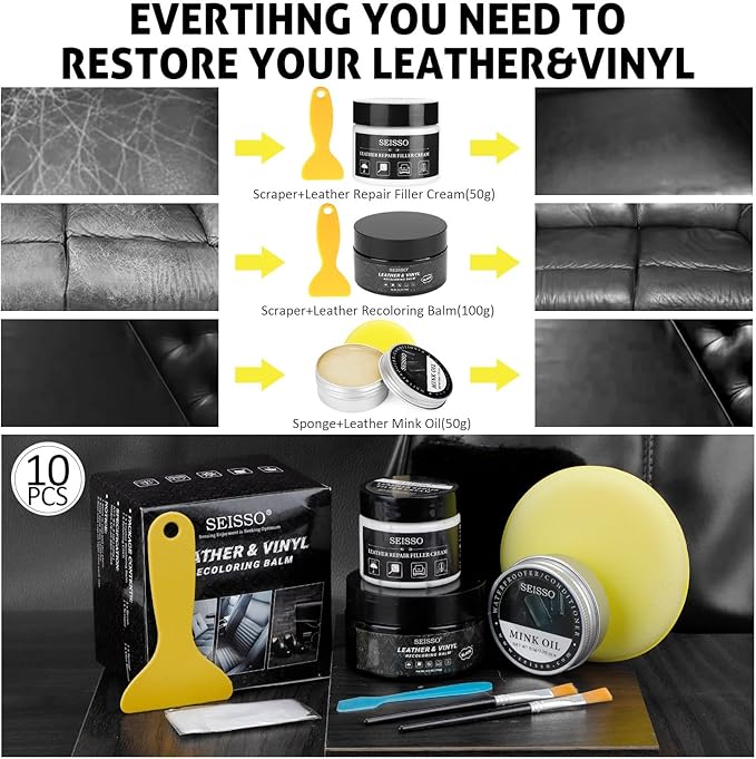 SEISSO Leather Repair Kit for Furniture, Black Vinyl Repair Kit with Mink Oil, Car Interior Leather Recoloring Balm for Scratches, Fading Shoes, Car Seat, Sofa