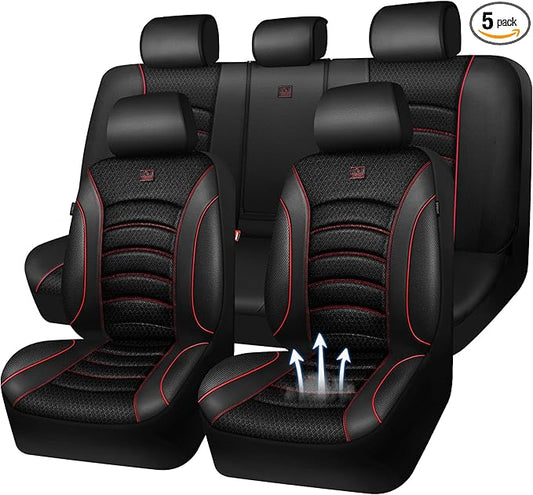 CAR PASS Comfortable 3D Foam Mesh Leather Car Seat Covers Full Sets, Air Cool Mesh Breathable Seat Covers for Car, Universal 5 Seats Fit for SUV Truck Sedan Automotive, Airbag Compatible,Black Red