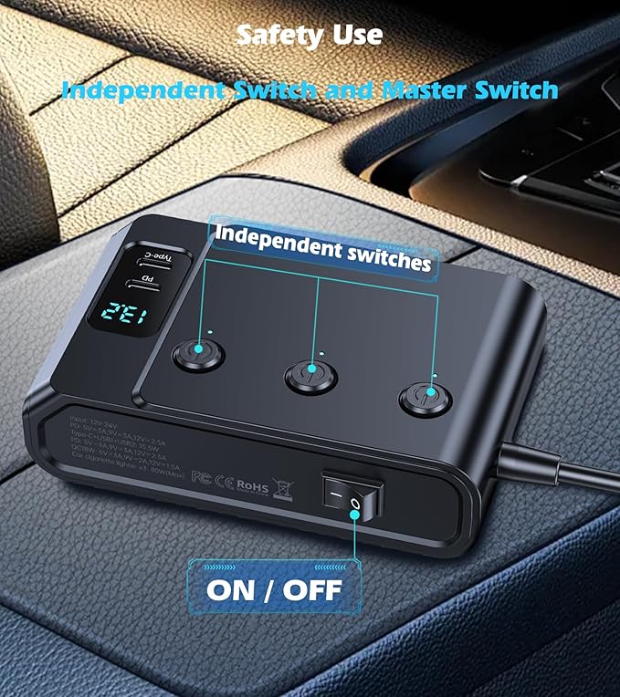 9 in 1 Cigarette Lighter Splitter, USB C Car Charger Adapter with PD30W, 3 Sockets with Independent Switches, LED Voltmeter 12V Power Outlet TSNAM