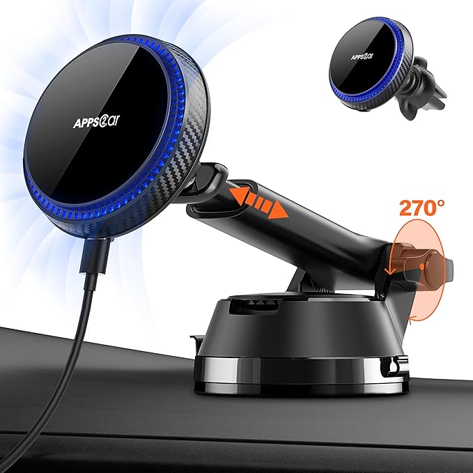 APPS2Car for 15W Car Mount Charger, for iPhone 16 Wireless Car Charger Magnetic Car Phone Holder Mount, Dashboard Windshield Vent for iPhone 16/15/14/13/12 Series, Compatible with MagSafe and Case
