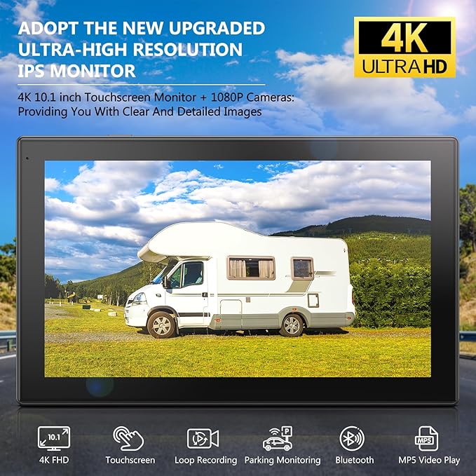 4K RV Backup Camera System 10.1" Quad Split Touchscreen Monitor 4 1080P HD Rear Side View Cameras DVR Recording Bluetooth Music USB Video Play IP69 Waterproof Night Vision for RV Truck Trailer