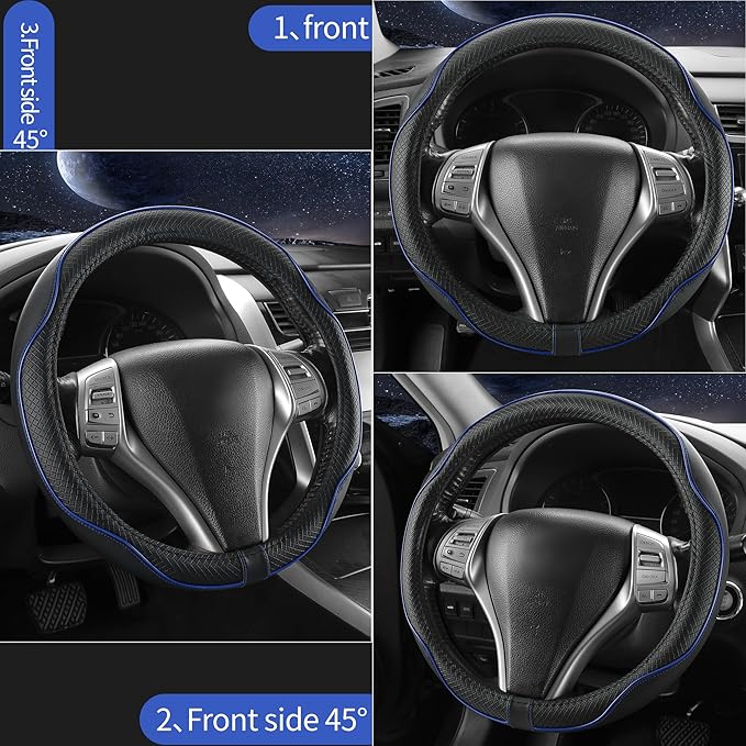 Steering Wheel Cover,Anti-Slip, Safety,Soft,Breathable,Heavy Duty,Thick,Full Surround, Sports Style,Universal Car Accessories for Women Men Fit 14" 1/2-15"(Black with Blue line)