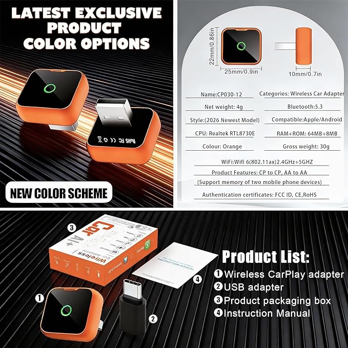 2-in-1 Wireless CarPlay Adapter for iPhone & Android Auto, Mini Wired to Wireless Dongle, Plug & Play, Stable Connection, iOS 10+/Android 11+, Lifetime OTA Updates (Not for BMW/Tesla)