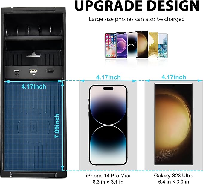 KEWISAUTO F150 Center Console Organizer with Wireless Charger, USB-A USB-C Center Console Tray Fast Wireless Charger for 2009-2020 2021 2022 2023 Ford F-150 F150 Accessories