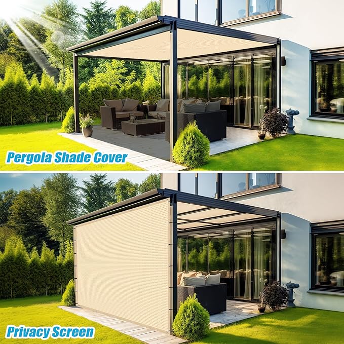 Amagenix 90% Pergola Shade Cover 7' X 13' Sun Shade Cloth with Grommets for Outdoor Garden Patio Porch, Commercial Grade 200 GSM - Cable Zip Ties Included (We Customized) GN108, Wheat