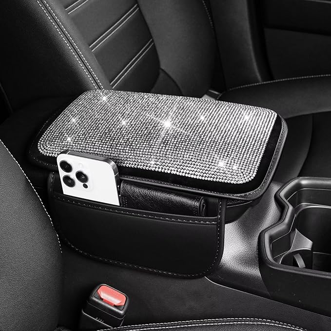 Bling Center Console Cover Fit for Toyota Venza with 2 Storage Bags Fully Diamond-Studded Style Center Console Armrest Cover with Total Protection(Silver Diamond)