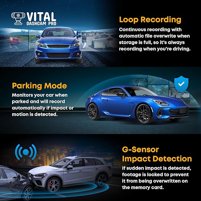 Vital Dash Camera Pro 2026 Dashcam Front and Rear Camera for Cars Dual Car Camera with Night Vision, G-Sensor 24/7 Parking Surveillance, Loop Recording, Wide Angle Easy Setup Vital Dash Cam Pro FHD