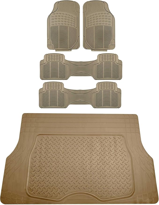 FH Group 3 Row Climaproof™ Trimmable Non-Slip Vinyl Floor Mats with Cargo Liner- Universal Fit for Cars Trucks and SUVs (Beige) F11306-F16401