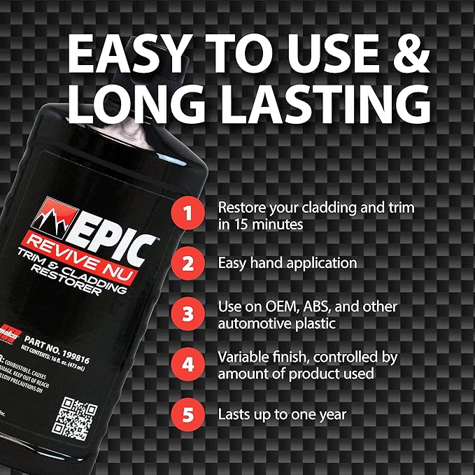 Malco Epic Revive Nu Plastic Trim & Cladding Restorer - Restores Faded and Dried Out Plastic/Vinyl and Rubber Back to Black or Gray Finish / 16 Oz (199816)