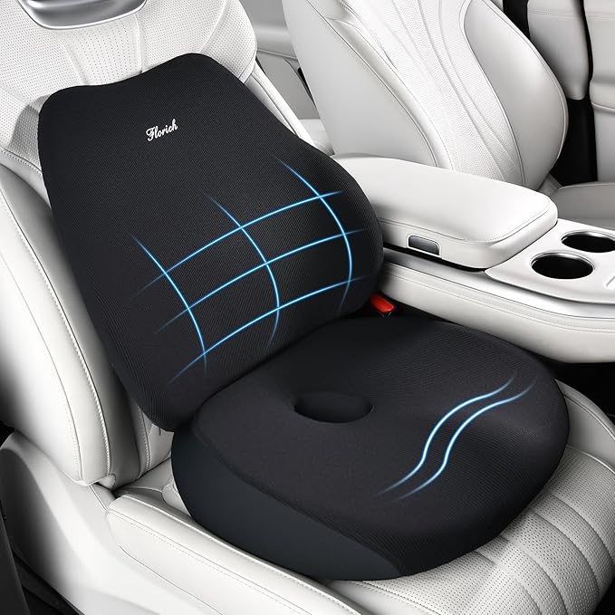 FLORICH Car Seat Cushion and Lumbar Support Pillow, Ergonomic Memory Foam Driving Seat Cushions for Back & Sciatica Pain Relief, Non-Slip Cushion for Car, Office, Truck, Wheelchair, Gaming Chair-Black