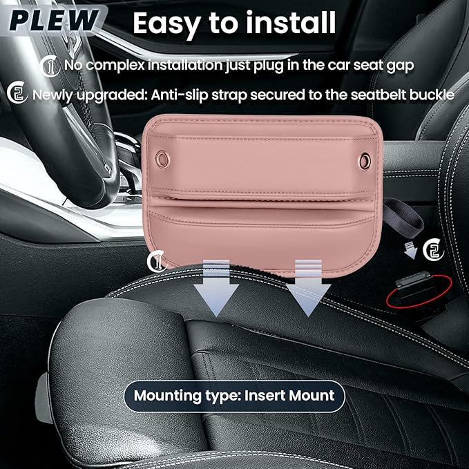 2-Pack Car Seat Gap Filler Organizer - Upgraded Anti-Slip Strap Design - Premium Leather Side Console Pocket - Prevent Phone Falling - Universal Fit Car Essentials for SUV, Truck & Sedan,Pink