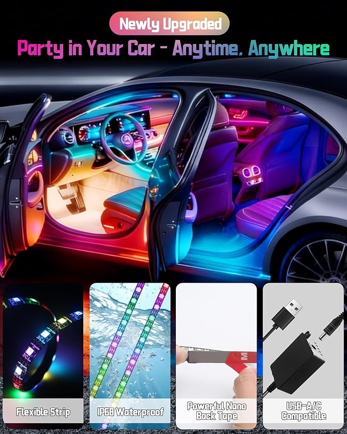 Interior LED Lights for Car, Flexible LED Strip with App and Remote Control, USB-A/C RGB Lights with DIY Mode and Music Mode, 72 LEDs