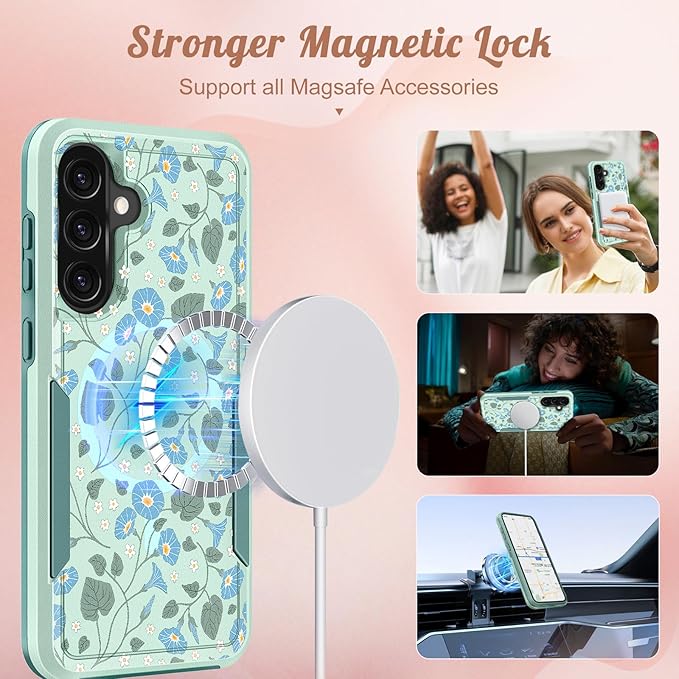 for Samsung Galaxy A36 5G Phone Case - Compatible with MagSafe Women Girls Cute Magnetic Protective Cover Unique Girly Blue Flower Heavy Duty Shockproof Design for Samsung A36 5G Cases 6.7"