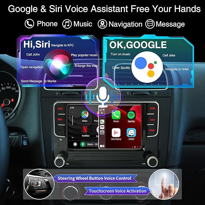 SCUMAXCON 7" Android 13 Wireless Carplay Android Auto GPS Navigation Car Stereo Radio 8-CORE 2+32G IPS Touchscreen WiFi BT FM AM DSP USB RVC for VW Golf MK5 MK6 Jetta Passat B6 B7 Tiguan DZT027