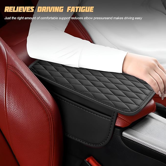 Car Center Console Cover, Leather Vehicle Armrest Seat Box Cushion Pad with Storage Bags, Waterproof Automotive Middle Console Protector, Universal for SUV RV Truck (Black)