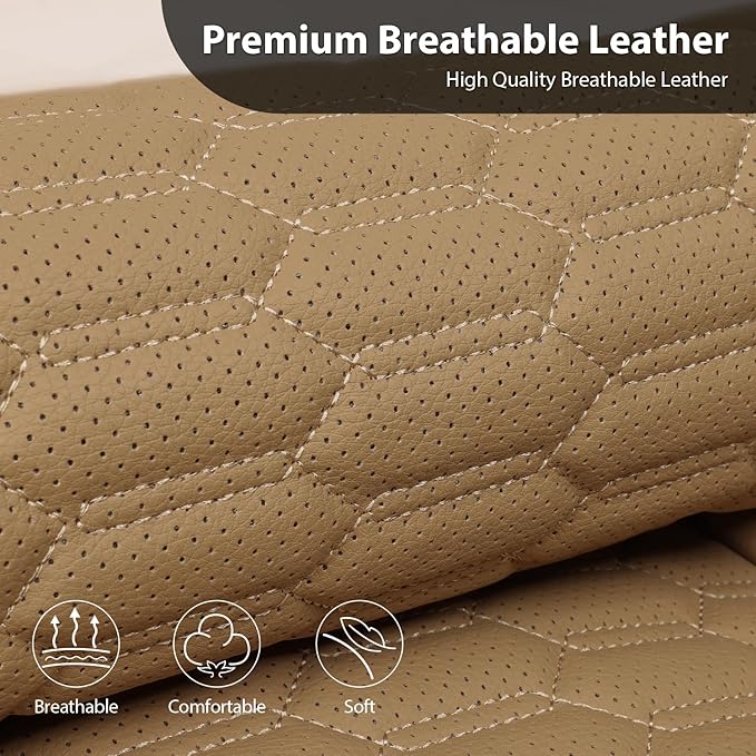 CAR PASS 3D Foam PU Leather Car Seat Covers Full Set,Tan Breathable Faux Leather Seat Covers for Car,Anti Slip Universal Fit for SUVs Vans Sedan Truck Automotive,Armrest Airbag Compatible All Beige