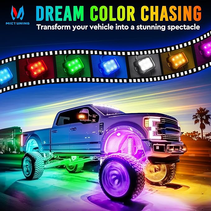 MICTUNING C2+ RGB+IC Rock Lights - 16 Pods Dynamic Chasing Color Underglow Neon Kit, Extensible to 24 Pods, Bluetooth APP Control & IP68 Waterproof, for Trucks Cars ATV UTV Golf Cart (2 Year Warranty)