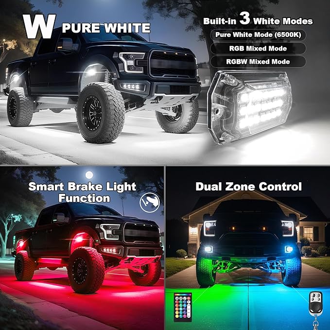 16 Pods Full Angle RGBW LED Rock Lights, 6500K Pure White RGB Rock Light for Truck Jeeps Pickup Offroad Golf Cart Boat RV UTV Underbody, 12V Waterproof Neon Underglow Kit with APP/RF Remote Sync Music