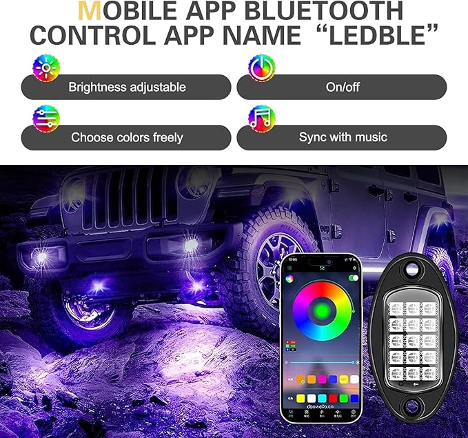WZP 4 Pods RGB LED Rock Lights, Multicolor Underglow LED Light Kit with APP Control & Music Mode, 12V Waterproof PVC Off Road Lights, Wheel Light for Truck SUV ATV UTV Golf Cart Pickup