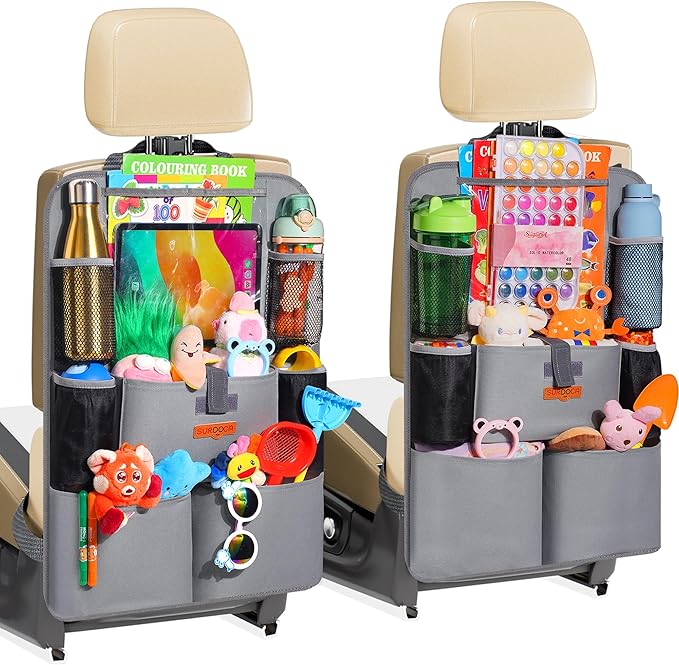 SURDOCA Upgraded Car Organizer with 11-inch Tablet Holder, 8 Pockets, Car Seat Protector for Road Trips - Car Storage and Organizers for Kids, Grey 2PC