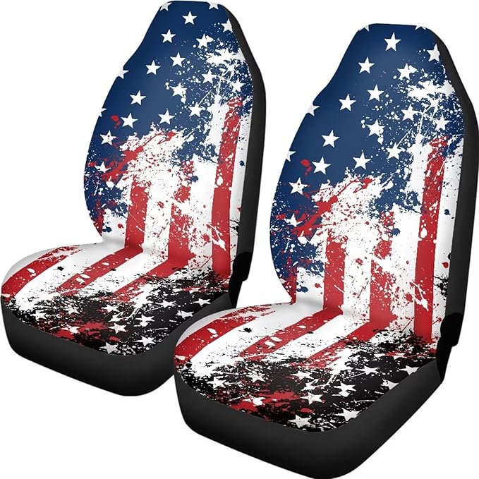 Car Seat Covers Set Front Seats Only 2 Pack Universal Fit Most Truck SUV Vans Auto Accessories Interior Cushion Protector（Creative American Flag Print 2）