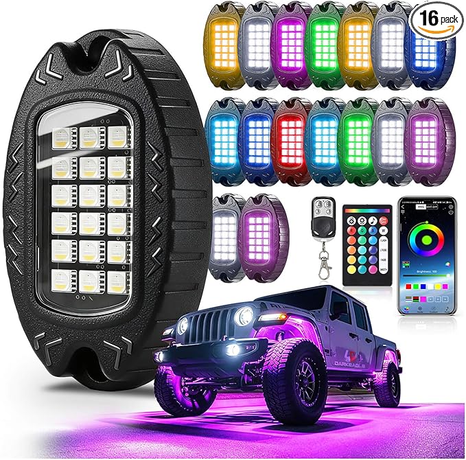 16Pods Heavy Duty Aluminum RGBW LED Rock Lights Kit for Trucks Pickup Jeep Gladiator Off-Road, APP/RF Remote, Plug&Play Pre-Wired, IP67 Waterproof Multicolor Dual Zone 12V Underglow Accent Lights