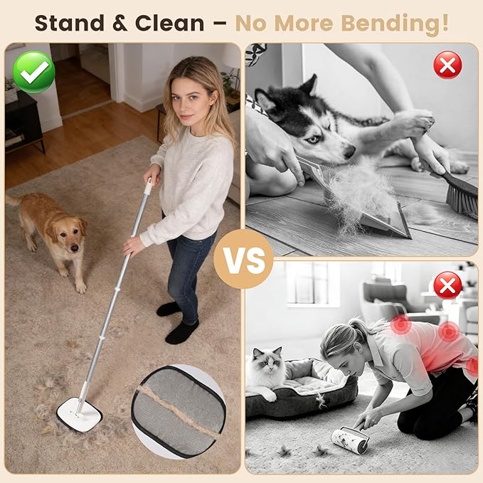 Pet Hair Remover for Cat & Dog, Reusable Pet Hair Removal Tool with Adjustable Long Handle for Pet Fur on Carpet Stair Couch, Electrostatic Carpet Rake Brush Squeegee for Floor & Glove 3 in 1