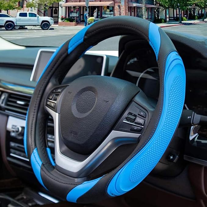 Car Steering Wheel Cover, 15 Inch Leather Breathable Anti-Slip Soft Steering Wheel Protector for Men and Women, Universal Car Accessories for SUV, Truck, RV (Blue)
