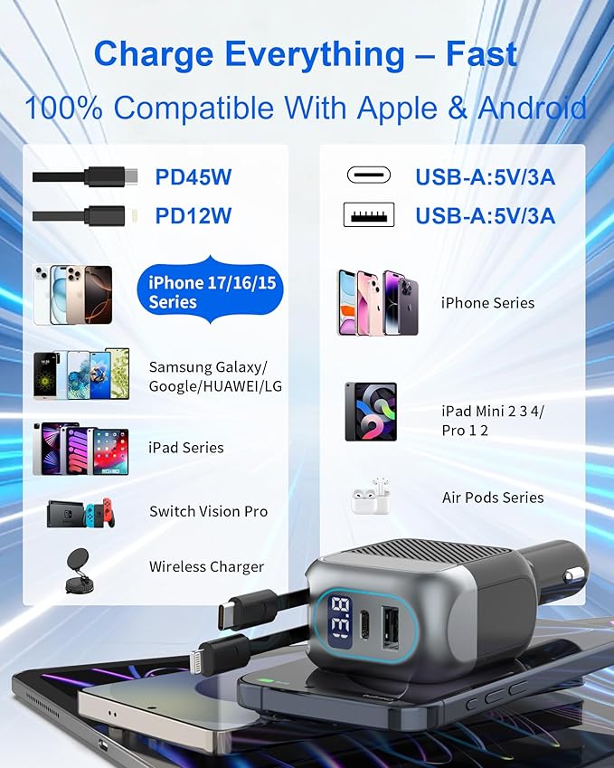 87W Retractable Car Charger, 4-in-1 Fast USB C Charging Car Adapter with 45W Type C Cable for iPhone 17/16 Pro Max & Samsung, 12W Lightning Cable for iPhone 14, Travel Essentials Car Accessories