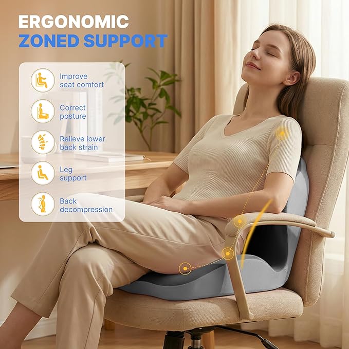 Seat Cushion, Office Chair Seat Cushions with L-Shaped Ergonomic Design, Memory Foam Seat Cushion with Coccyx Hollow, Lumbar Support Pillow & Tailbone Pain Relief for Long Sitting (Grey)
