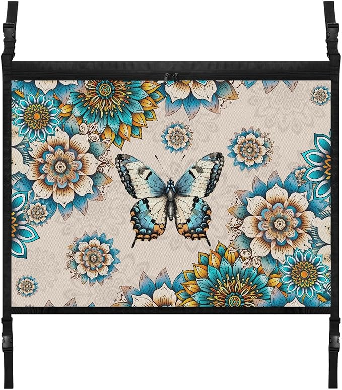 NDISTIN Butterfly Car Ceiling Cargo Net Pocket Adjustable Cargo Net for Inside Car Roof Vintage Boho Floral Car Roof Storage Bag Car Ceiling Storage Accessories for Long Road Trip Travel