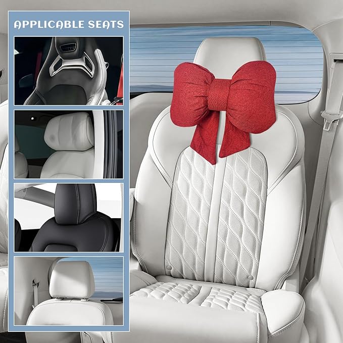 Sun Walker Bow Car Headrest Pillow, Breathable Bow-Shaped Vehicle Neck Pillow with Adjustable Strap, Ergonomic Neck Support Cushion Driving Seat Decoration for Women Girls (Red)